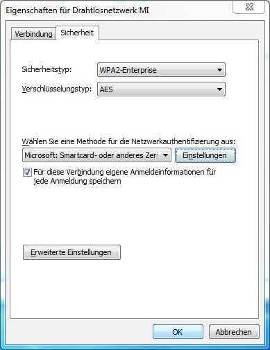 Eigenschaften für Drahtlosnetzwerk MI